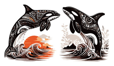 An eye-catching abstract illustration depicting whales leaping dramatically against a sunset backdrop, showcasing vibrant colors and intricate details, perfect for nature lovers.のイラスト素材