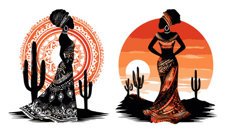 Captivating abstract illustration featuring elegant silhouettes of women in traditional attire against a vibrant sunset backdrop, symbolizing beauty and culture.のイラスト素材