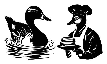 This hand-drawn illustration features a duck swimming alongside a cheerful chef holding a stack of pancakes, capturing a whimsical culinary scene.のイラスト素材