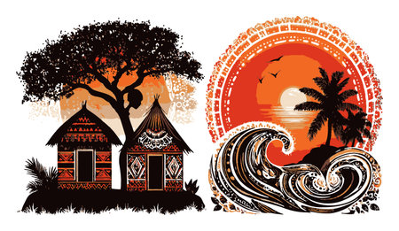 Explore this vibrant abstract illustration depicting a tropical landscape with huts, palm trees, and dynamic ocean waves under a stunning sunset.のイラスト素材