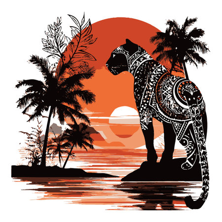 This abstract illustration features a striking panther silhouette against a vibrant orange sunset. The tropical elements enhance the visual appeal of this modern artwork.のイラスト素材