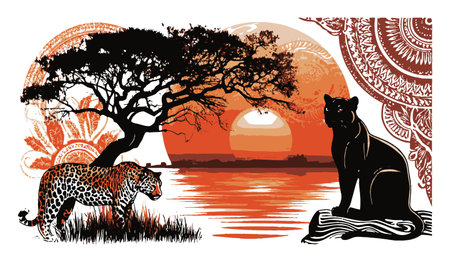 This abstract illustration features a sunset scene with a leopard and a panther near a serene river, surrounded by a majestic tree silhouette and artistic elements.のイラスト素材