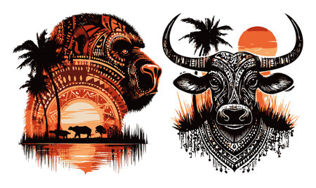Abstract illustration featuring a bear and a bull adorned with tribal patterns against a colorful sunset backdrop, blending nature with artistic expression.のイラスト素材