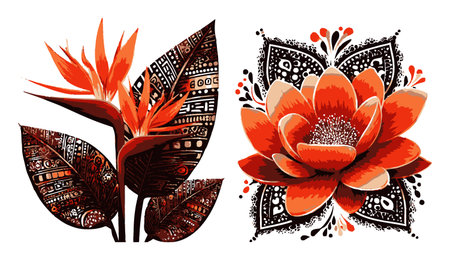 This beautiful abstract illustration showcases vibrant flowers in bold colors, featuring intricate patterns and detailed elements that celebrate nature's beauty.のイラスト素材