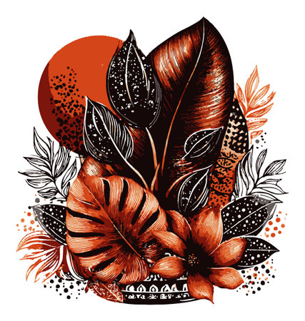 This vibrant abstract illustration features tropical leaves and a flower in bold orange and black tones, perfect for adding a modern touch to any space.のイラスト素材