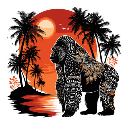 An artistic representation of a decorated gorilla silhouette set against a vibrant sunset, surrounded by tropical palm trees and serene water reflections, capturing the essence of wildlife and nature.のイラスト素材