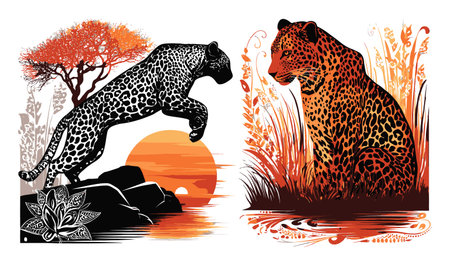 This vibrant abstract illustration features a leopard in dynamic motion against a stunning sunset backdrop, showcasing the beauty of wildlife artistry.のイラスト素材