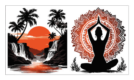 A serene sunset illustrates a meditating silhouette beside a detailed mandala pattern, merging tranquility and beauty, perfect for wellness and relaxation themes.のイラスト素材