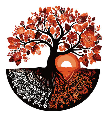 Vibrant abstract illustration of a tree adorned with colorful flowers and a sunset, depicting nature's harmony and the beauty of transformation in a circular design.のイラスト素材