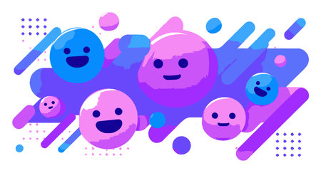 This vibrant vector image features happy faces set against an abstract background. The playful design combines bright colors and geometric shapes, perfect for creative projects.のイラスト素材