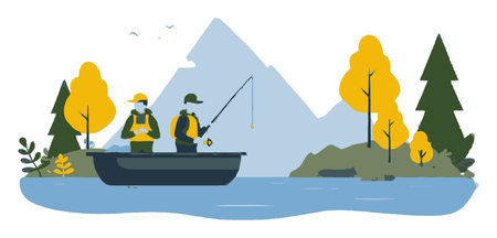 This flat cartoon illustration features two fishermen on a tranquil lake, surrounded by mountains and vibrant trees. Perfect for nature and adventure themes.のイラスト素材
