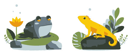 This charming flat cartoon illustration features a vibrant frog and a playful lizard amidst nature elements. Perfect for kids themes or educational materials.のイラスト素材