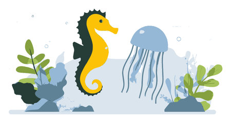 Vibrant cartoon seahorse and jellyfish in a flat design showcase an imaginative underwater scene. Perfect for children's decor or marine-themed projects.のイラスト素材