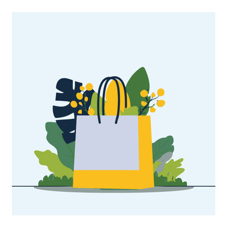 A vibrant flat cartoon illustration featuring a shopping bag surrounded by lush tropical foliage and colorful flowers, perfect for eco-friendly themes and marketing.のイラスト素材