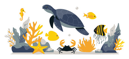A whimsical cartoon illustration showcases a vibrant underwater scene featuring a turtle, colorful fish, seahorse, and crab among lively corals. Perfect for aquatic-themed designs.のイラスト素材
