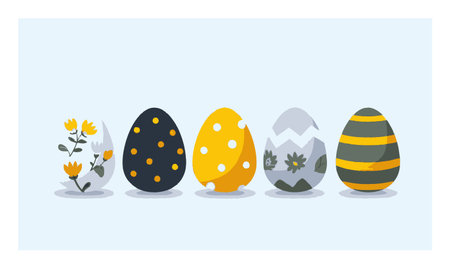 A charming collection of colorful flat cartoon Easter eggs featuring diverse patterns. Perfect for spring celebrations, decorations, or as a cheerful digital design element.のイラスト素材