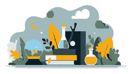 This colorful flat cartoon illustration features science lab elements, including glass bottles and plants, creating a vibrant and whimsical atmosphere for educational purposes.のイラスト素材