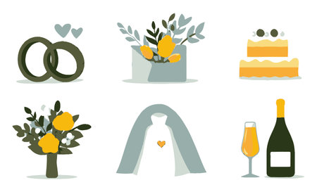 A colorful flat cartoon illustration featuring wedding elements such as rings, flowers, cakes, and champagne. Ideal for celebration themes and decoration.のイラスト素材