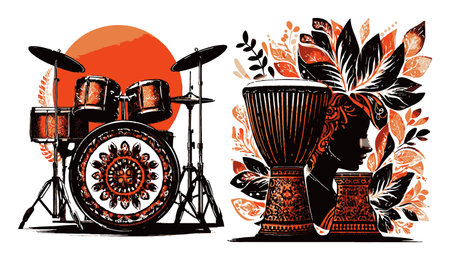 This vibrant abstract illustration features drums alongside intricate floral elements, showcasing a fusion of musical culture and nature, perfect for creative projects.のイラスト素材