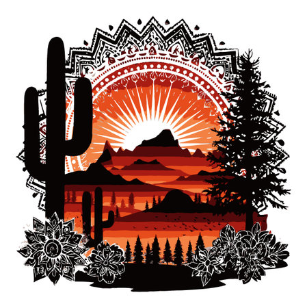 An eye-catching abstract illustration showcasing a stunning desert landscape at sunset, featuring cacti silhouettes and intricate floral designs, perfect for nature-inspired themes.のイラスト素材