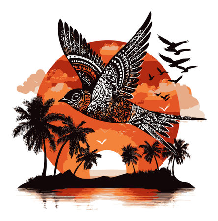 This stunning abstract illustration features a bird in flight against a vibrant sunset backdrop. It captures the essence of freedom and tranquility in nature.のイラスト素材