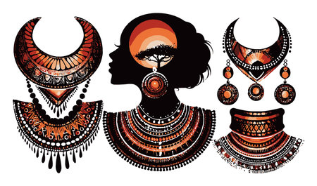 This abstract illustration features a striking silhouette of a woman adorned with tribal jewelry in warm earthy tones, blending nature with artistry.のイラスト素材