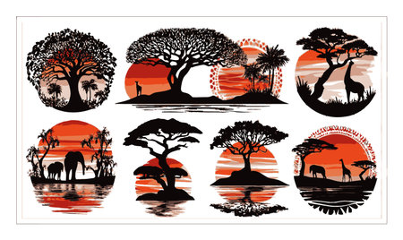 This abstract illustration depicts various African wildlife silhouettes against a vibrant sunset. Ideal for nature themes, this striking design captures the essence of the wild.のイラスト素材