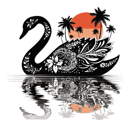 This elegant black swan illustration features detailed floral designs and a stunning sunset reflection, creating a serene tropical scene perfect for art lovers.のイラスト素材