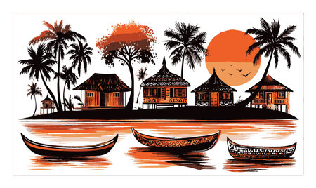 This vibrant illustration showcases a serene tropical landscape featuring palm trees, traditional houses, and boats against a warm sunset backdrop, creating a peaceful atmosphere.のイラスト素材