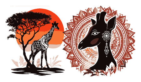 This abstract illustration features a striking giraffe silhouette against a vibrant sunset, complemented by intricate mandala design elements, perfect for creative projects.のイラスト素材