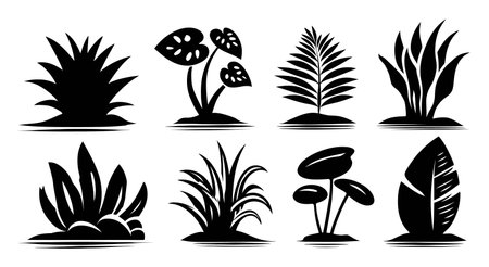 Discover a collection of elegant black silhouette plants, perfect for nature-inspired designs. Ideal for backgrounds, art, and modern decor projects.のイラスト素材