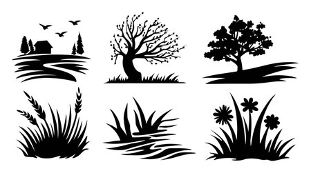 This collection features elegant silhouettes of trees, grass, and landscapes, showcasing the beauty of nature. Perfect for design projects and wall art.のイラスト素材