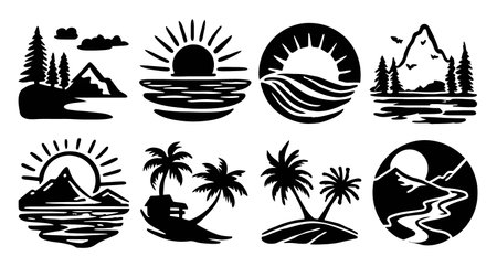 A collection of black and white nature illustrations featuring mountains, sun, trees, and waves. These graphics are perfect for outdoor themes, adventure projects, or vintage designs.のイラスト素材
