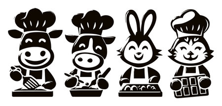 A charming black silhouette design featuring animal chefs, including a cow, rabbit, and cat, happily preparing food. This fun illustration captures the joy of cooking in a whimsical style perfect for culinary-themed projects.のイラスト素材