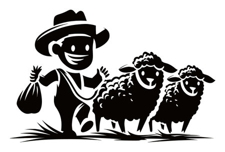 A joyful farmer strolls through a picturesque landscape, accompanied by two cheerful sheep. This charming illustration captures the essence of rural farming life, symbolizing happiness in nature.のイラスト素材