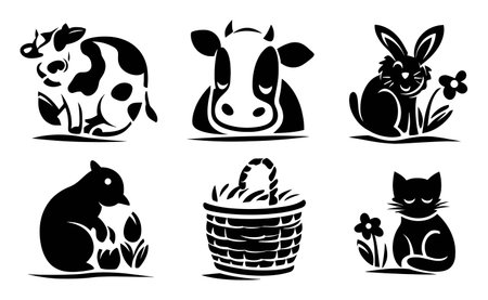 This collection features black and white silhouettes of farm animals including a cow, rabbit, and cat alongside a decorative basket and flowers, perfect for creative projects.のイラスト素材