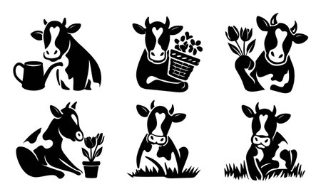 A charming collection of black and white cow illustrations engaging in various activities such as gardening and holding flowers, perfect for playful designs.のイラスト素材