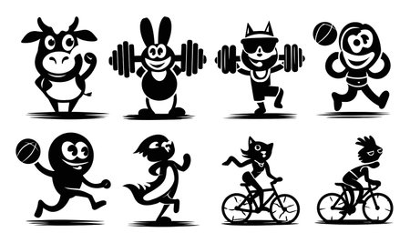 This fun and energetic illustration features playful cartoon animals engaging in various sports, showcasing joy and fitness. Ideal for children's themes and active lifestyles.のイラスト素材