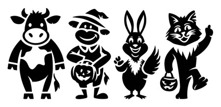 This delightful graphic features cute animal characters celebrating Halloween. The cheerful designs include a cow, scarecrow, rabbit, and cat, perfect for festive decorations and children's events.のイラスト素材