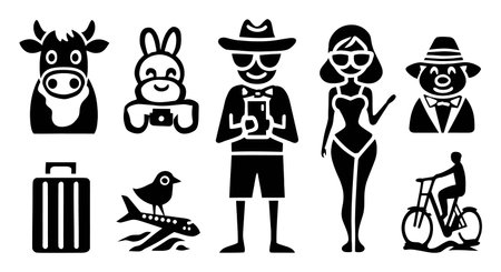 A collection of playful summer vacation icons featuring animals and leisure activities. Ideal for travel-related projects, tourism promotions, or playful designs.のイラスト素材