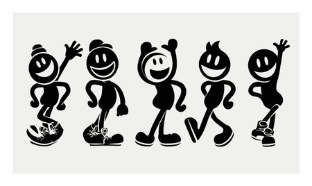 This image features cheerful cartoon characters in playful poses, showcasing joy and movement. The silhouettes offer a fun and lively design perfect for various projects.のイラスト素材