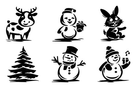 A collection of cute black and white illustrations featuring holiday animals and icons, perfect for festive designs, decorations, and cheerful celebrations.のイラスト素材
