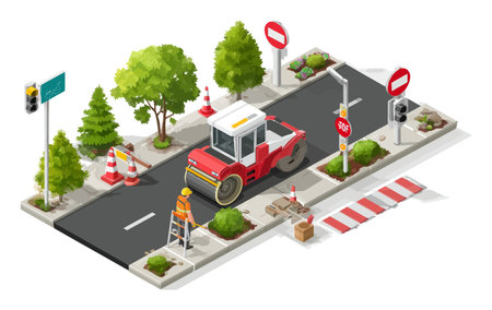 Colorful 3D cartoon illustration of a construction scene featuring road maintenance, complete with a machine, barriers, trees, and traffic signs.のイラスト素材