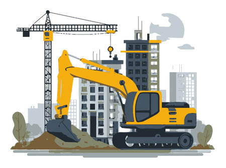 A vibrant flat illustration showcasing a construction site featuring an excavator and crane, surrounded by urban buildings, emphasizing modern infrastructure development.のイラスト素材