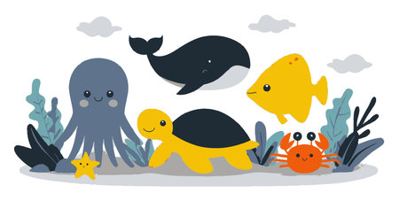 This colorful cartoon illustration features cute sea creatures including an octopus, whale, turtle, crab, and fish surrounded by playful aquatic plants, perfect for children's designs.のイラスト素材