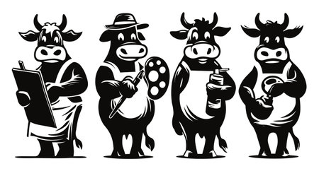 A playful black and white illustration featuring cows engaged in various artistic activities. These charming characters highlight creativity in a fun, humorous way.のイラスト素材