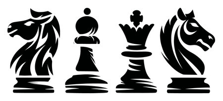 Intricate black and white illustrations of chess pieces provide a striking design element. Ideal for game strategies and competition themes in various projects.のイラスト素材