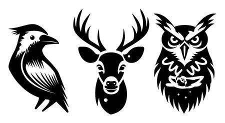 This artwork features striking black and white silhouettes of a bird, deer, and owl, perfect for nature-themed projects, posters, or educational materials.のイラスト素材