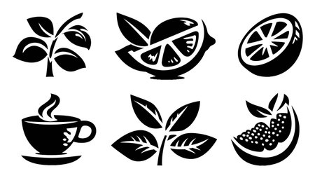 A collection of stylish black and white icons featuring leaves, citrus slices, and a steaming coffee cup, perfect for designs focusing on freshness, health, and nature.のイラスト素材