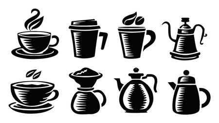 A creative collection of black and white coffee and tea icons, showcasing various cups, pots, and brewing accessories perfect for cafe or restaurant design.のイラスト素材